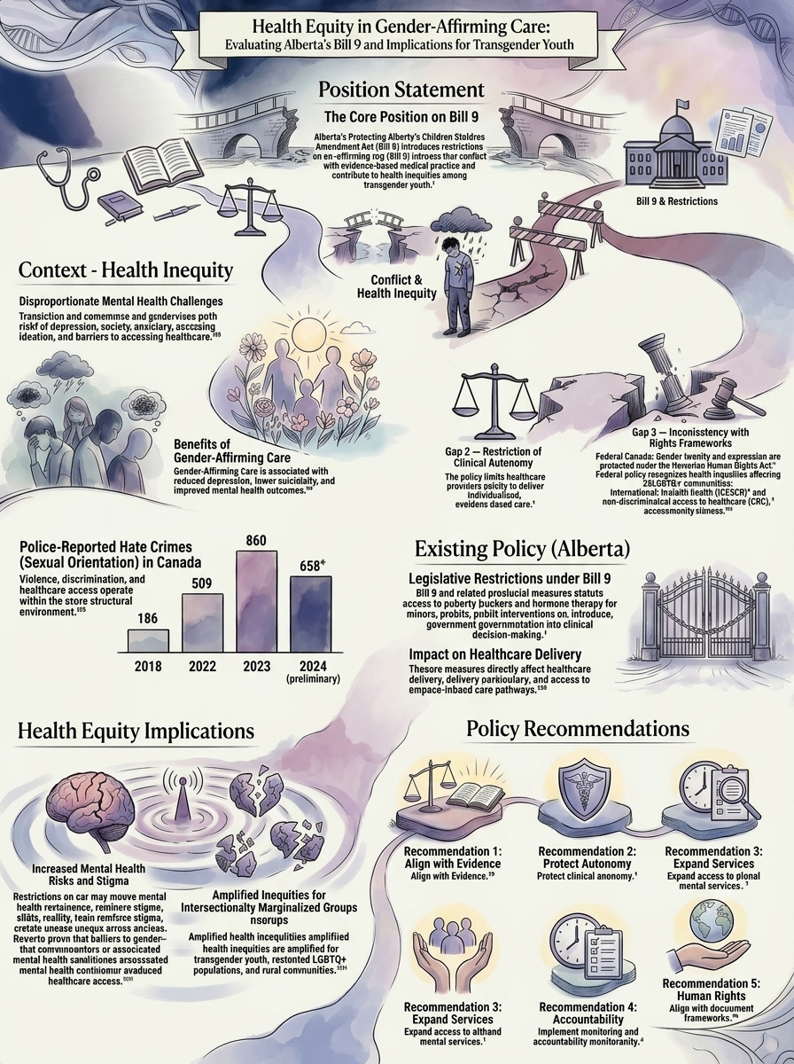 Infographic on health equity in gender-affirming care and Alberta’s Bill 9
